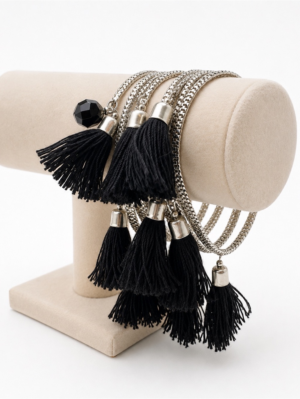 Silver-Tone Multi-Chain Bracelet Set with Black Tassels